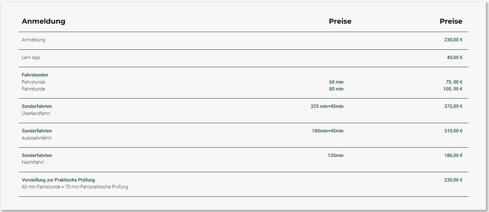 Preisliste Klasse B